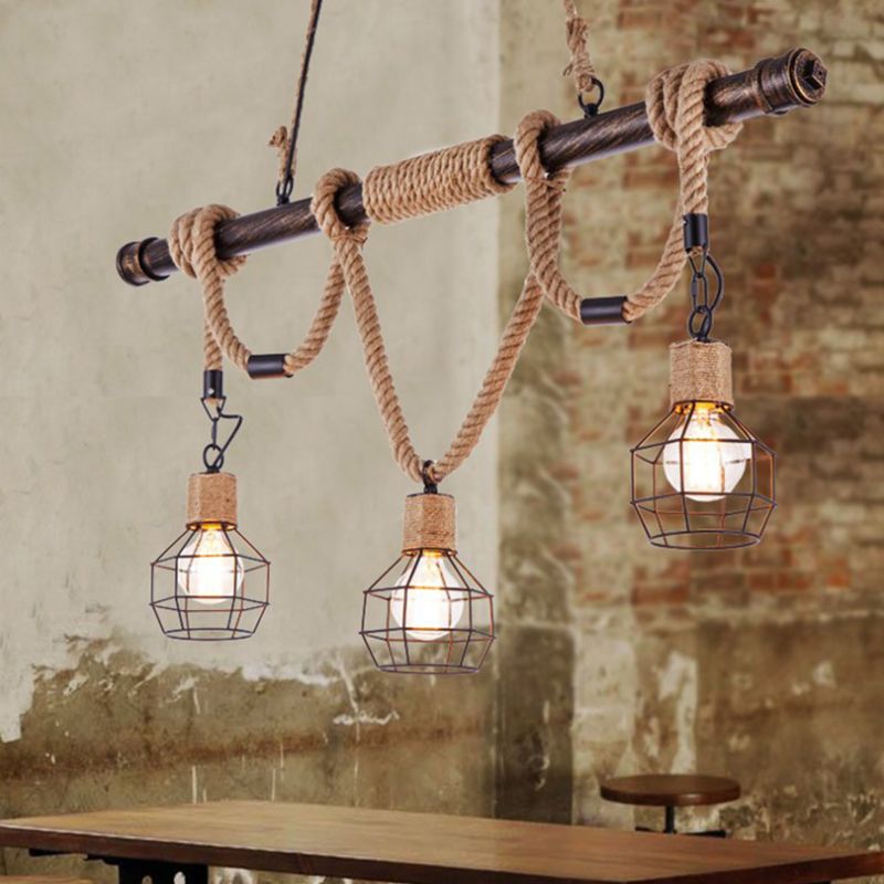 Beige 3-Light Island Lamp Industrial Metal Grenade Shaped Pendant Light with Pipe and Hemp Rope