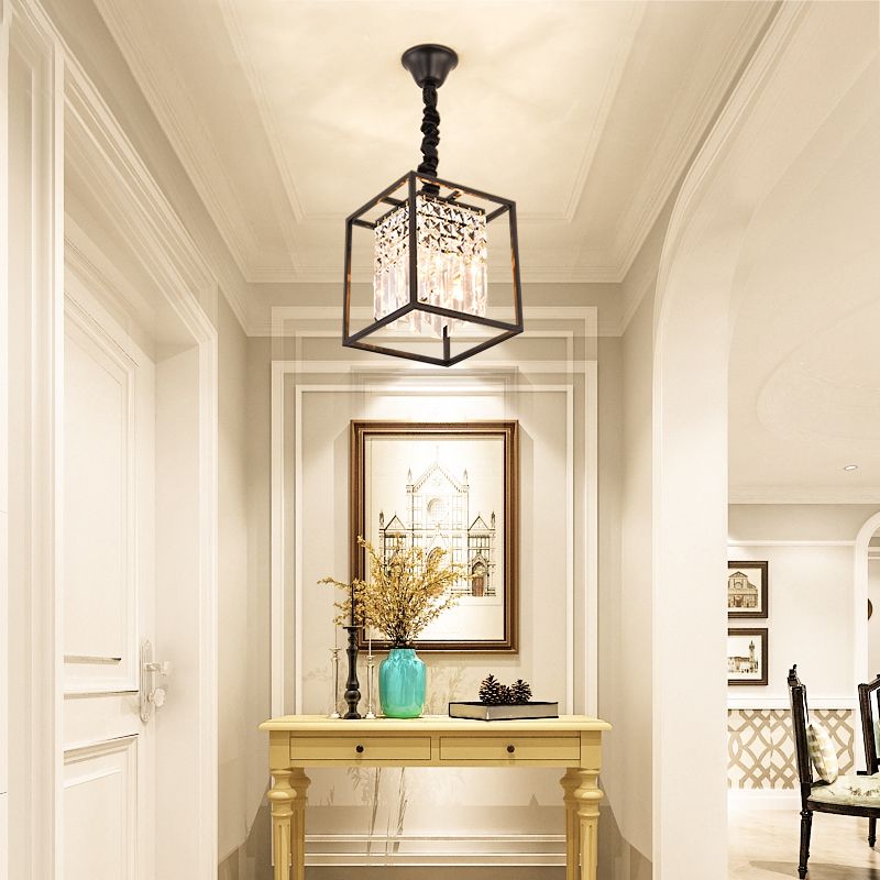 Black Square Suspension Lighting Modernism Three Sided Crystal Rod 2 Heads Corridor Pendant Chandelier