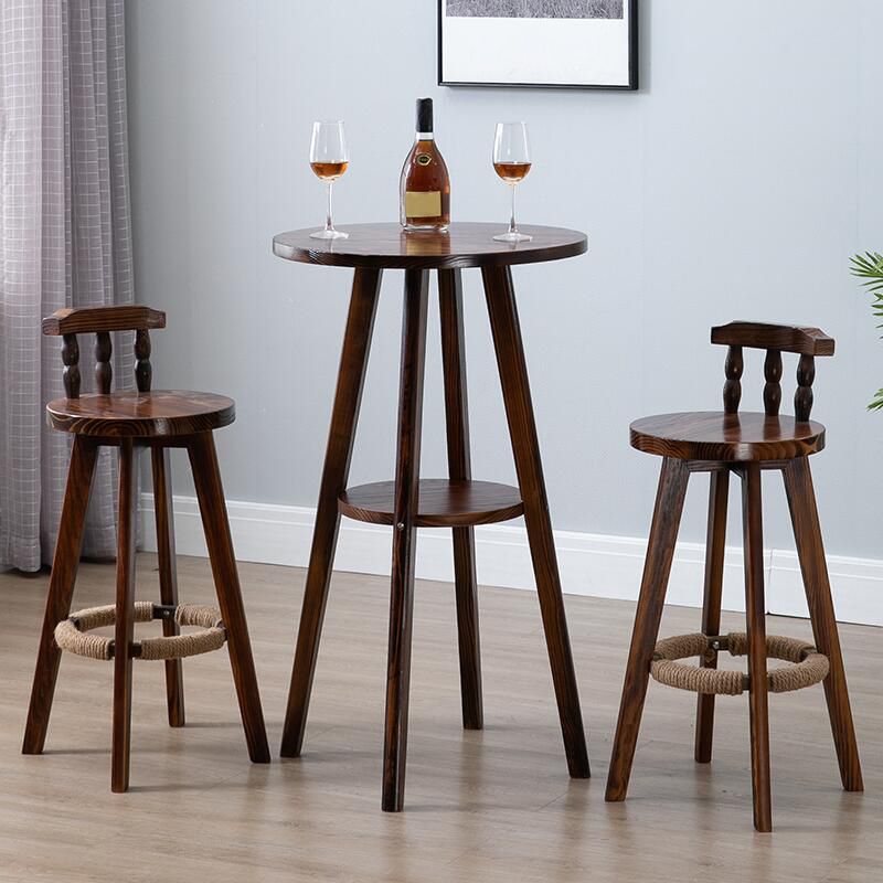 Brown Solid Wood Pub Table Set 1/3 Pcs Bar Table with Wooden Stools