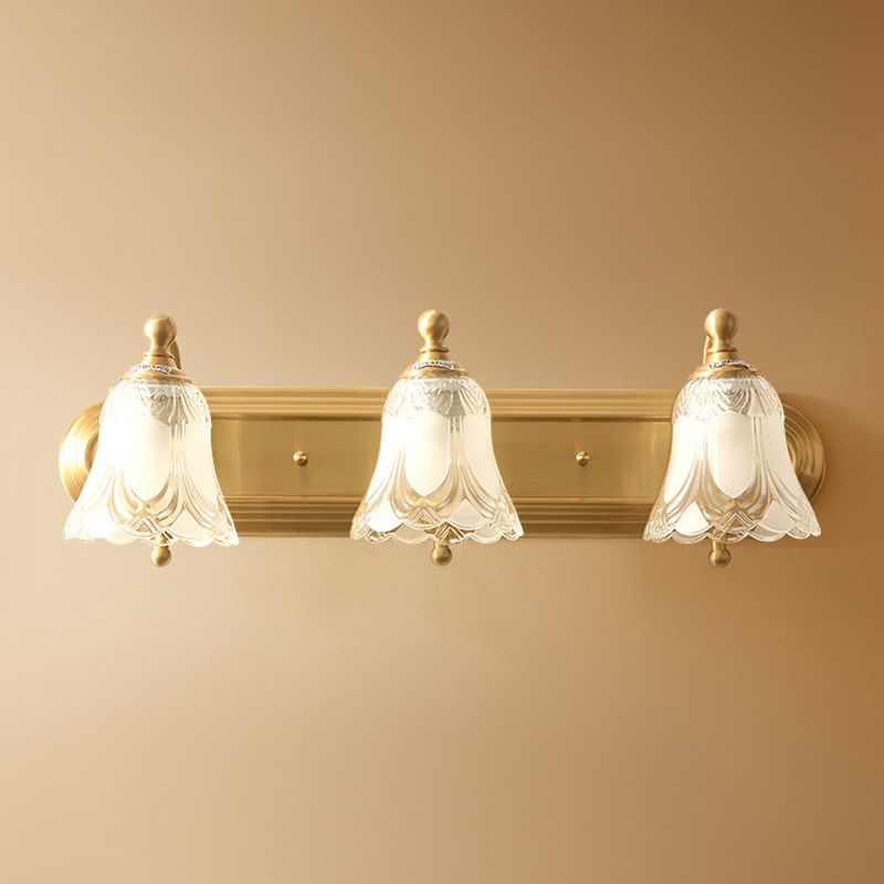 Bathroom Decoration Wall Light Sconce Brass Armed Wall Mounted Mirror Front in Ribbed Glass Shade
