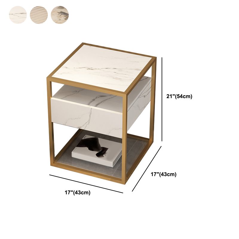 Square Glass/Stone Top End Table 21.26" Tall 1-Drawer Side Table with Storage Shelf