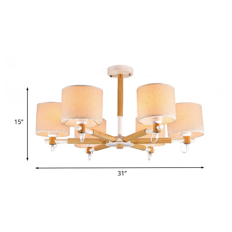 6 Heads Living Room Semi Flush Chandelier Nordic Wooden Ceiling Mount Light with Cylinder Fabric Shade