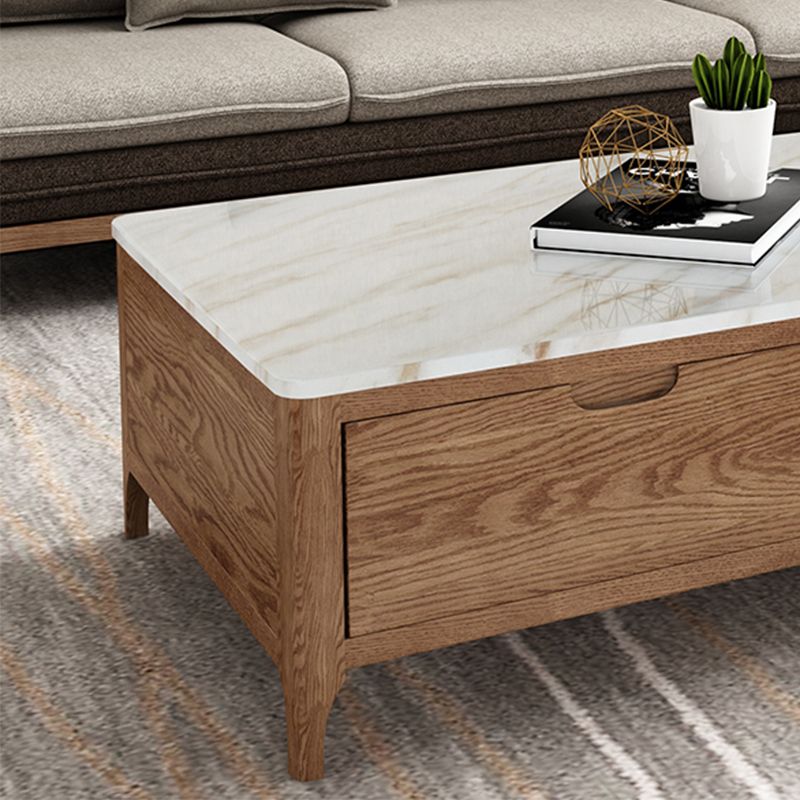 Solid Wood 4 Legs Coffee Table with Storage Drawers Marble Top