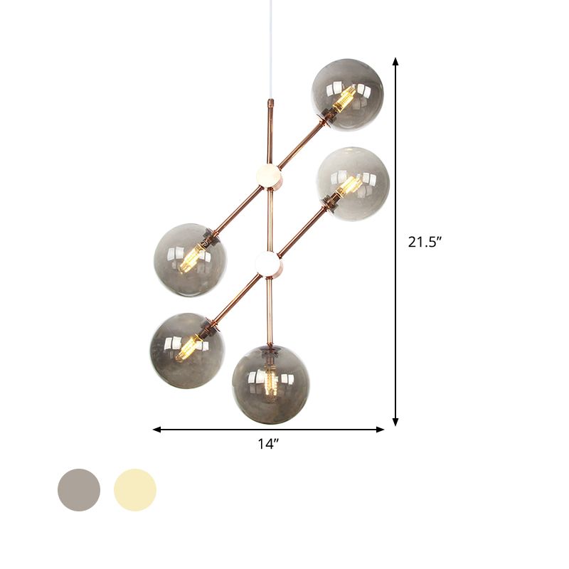 Lampe de plafond suspendue moderniste Amber / fumée de verre gris 5 bulbes de salon LED Chandelier