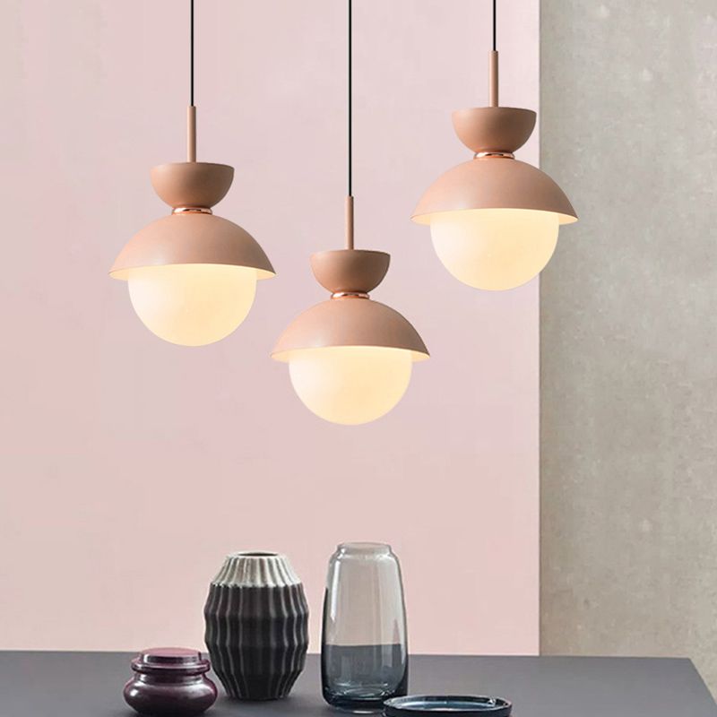 Pink Bowl Pendant Lighting Macaron 1 Light Iron Hanging Lamp Kit with Frosted Glass Diffuser