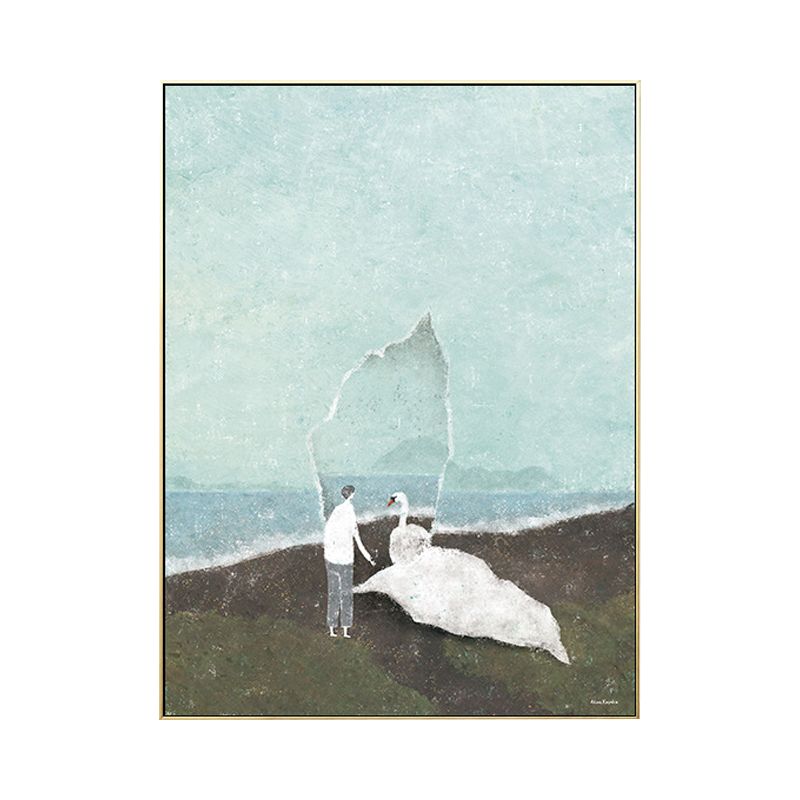 Figure and Animal Drawing Canvas Kids Textured Wall Art in Pastel Color for Room