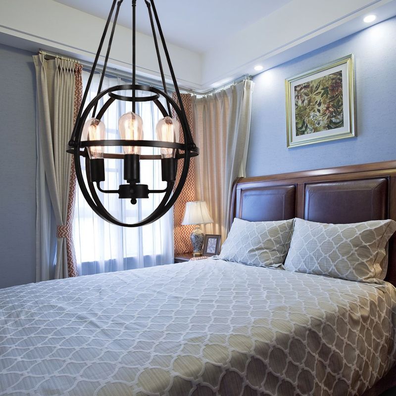 4 têtes d'éclairage de lustre mondial avec une nuance à cage Black Black Metal Plafond pour le salon