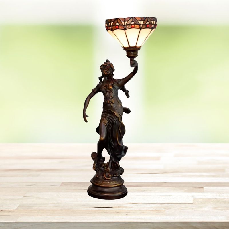 Mesa de sombra de c el individual/lámpara de vidrio de vaso amarillo/marrón blanco con estatua de mujer griega estatua
