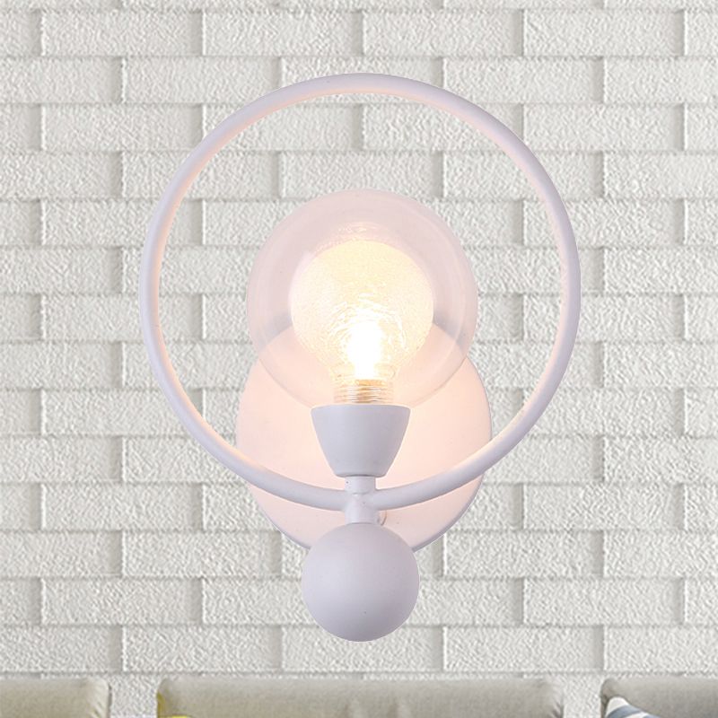 Black/White Ring Wall Light Sconce Modern Stylish 1 Bulb Metal Wall Lamp with Glass Ball Shade