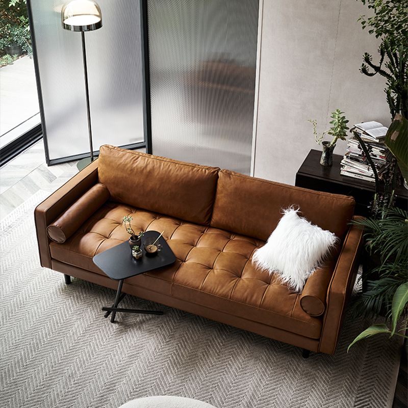 American Traditional Genuine Leather Cushions Sofa 33.46"High Square Arm Sofa,Dark Brown