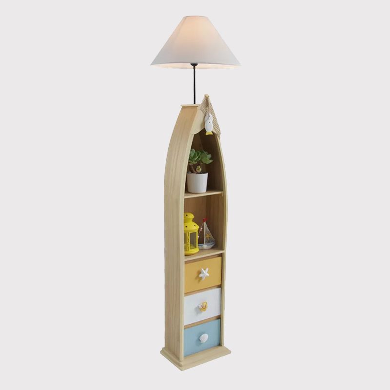 Lampada da pavimento a tavola da surf a surf in legno Bambini a testa singola rosa/verde/blu in piedi luce con tonalità in tessuto bianco cono