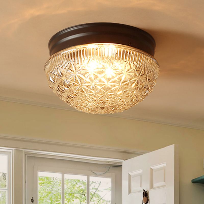 Clear Textured Glass Dome Flushmount Industrial 2 Bulbs Flush Ceiling Light in Matte Black
