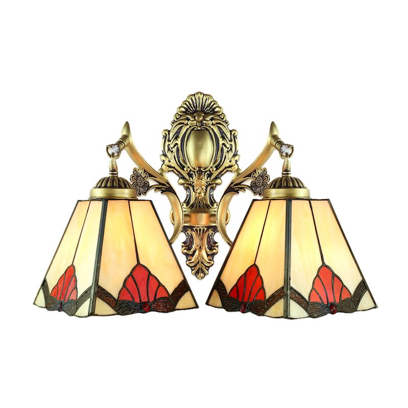 Beige Pyramid Wall Lamp Retro Style Stained Glass 2 Heads Wall Fixture Light for Living Room