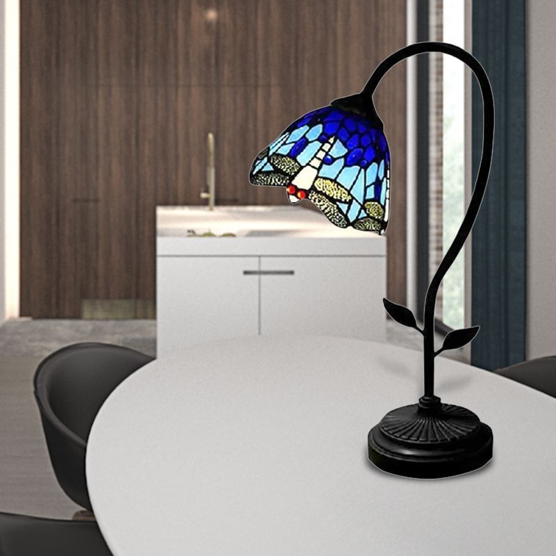 1 lampe de table en dôme légère Tiffany Style Bleu / Orange en verre en acier inoxydable Éclairage de table avec un motif de tournesol / libellule