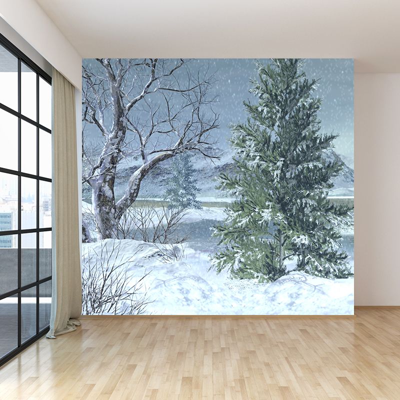 Full Size Illustration Modern Mural Wallpaper with Snow-Covered Landscape in White