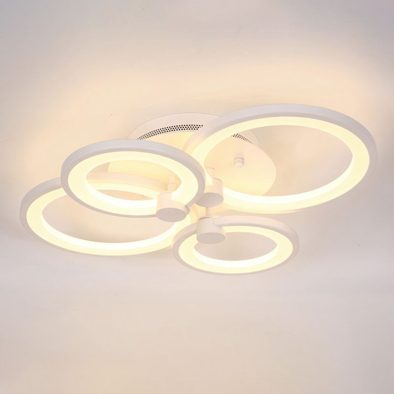 Multiple-Ring Metal Ceiling Lighting Modernist 4/6/8-Bulb Black/White LED Semi Flush Light for Living Room
