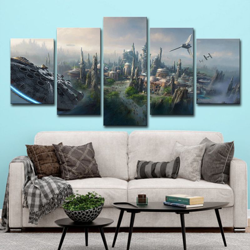 Blue Star War Scene Canvas Art Cityscape Futuristic Multi-Piece Wall Decor for Home