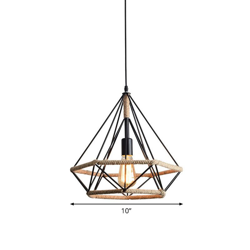 Single-Bulb Drop Pendant Industrial Bistro Hanging Lamp with Diamond Roped Cage in Black, 10"/15"/18" Width