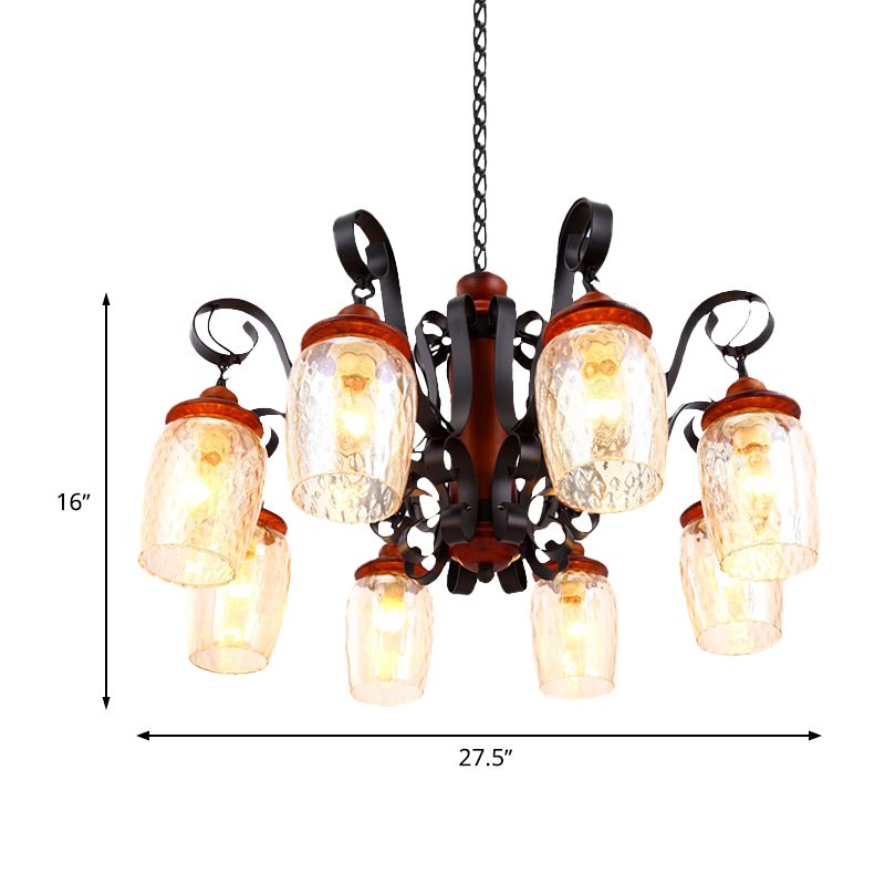 8 Lights Dimple Glass Chandelier Antiqued Black Curved Arm Living Room Ceiling Pendant Light