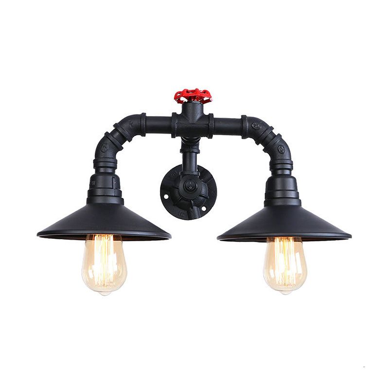 Black Plumbing Pipe Wall Lighting with Red Valve Rustic Industrial Metallic 2 Light Stairway Wall Sconce Light