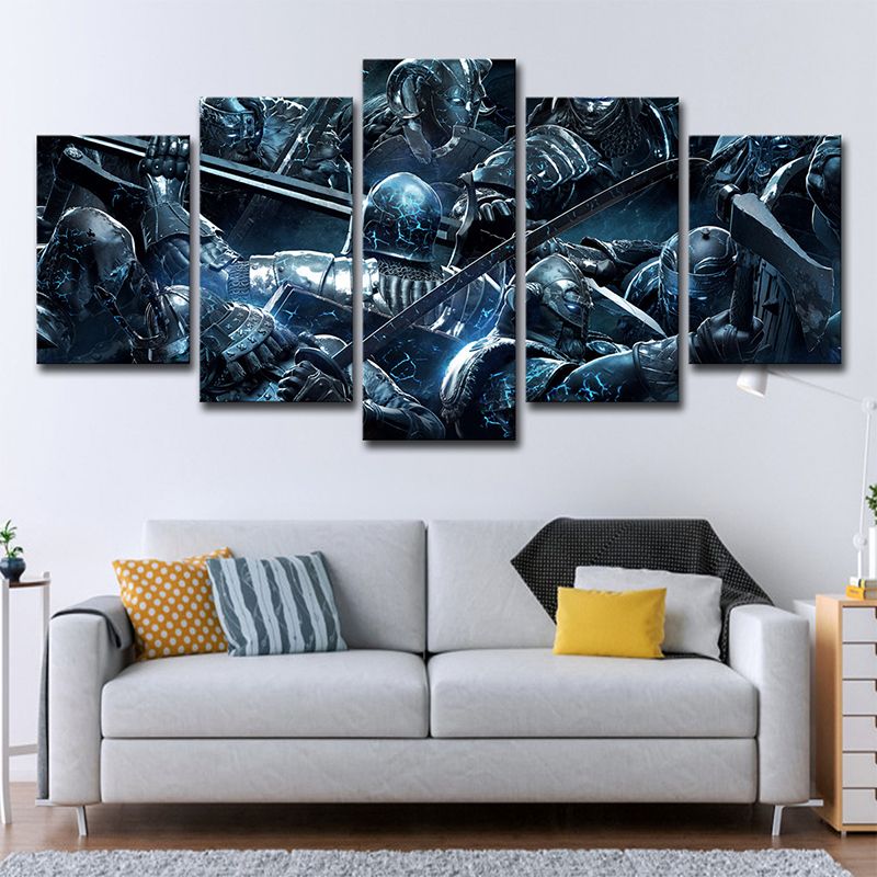 LOL Game Scene Soldiers Canvas Print Kids Style Multi-Piece Wall Art in Blue