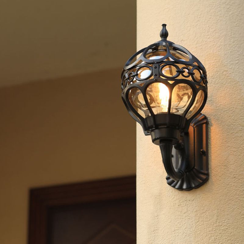 Sphere Outdoor Wall Mount Light Retro Clear Glass 1 Bulb Wall Sconce with Cage Guard