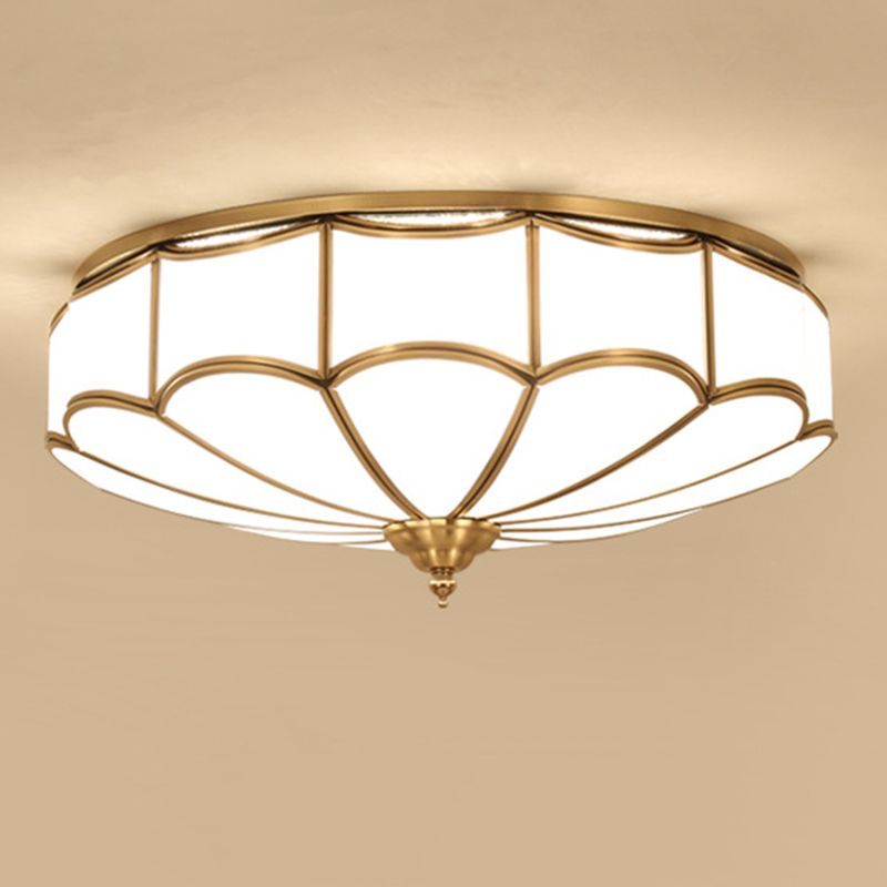 Flush Mount Ceiling Fixture Traditional Bedroom Flush Ceiling Light Fixture with Flower Glass Shade in Brass