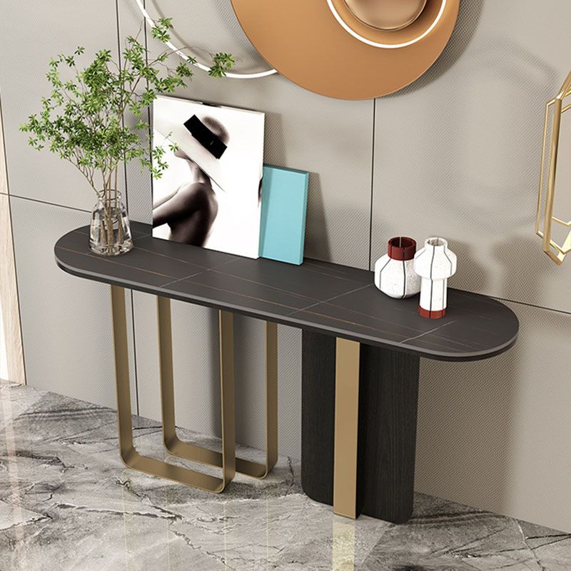 Glam Metal Console Sofa Table Oval Stone Console Accent Table for Hall