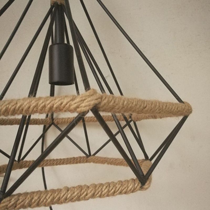 Black Rope Geometric Cage Ceiling Light Industrial Loft Hanging Light for Dining Room