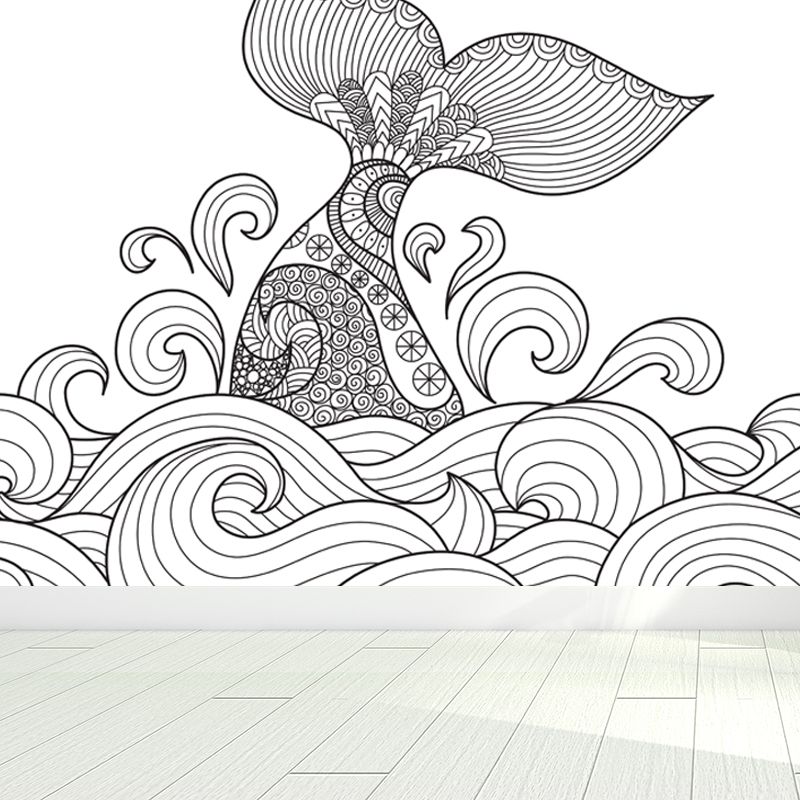 Hand-Print Fairy Tales Mural Black and White Cartoon Wall Decor for Childrens Room