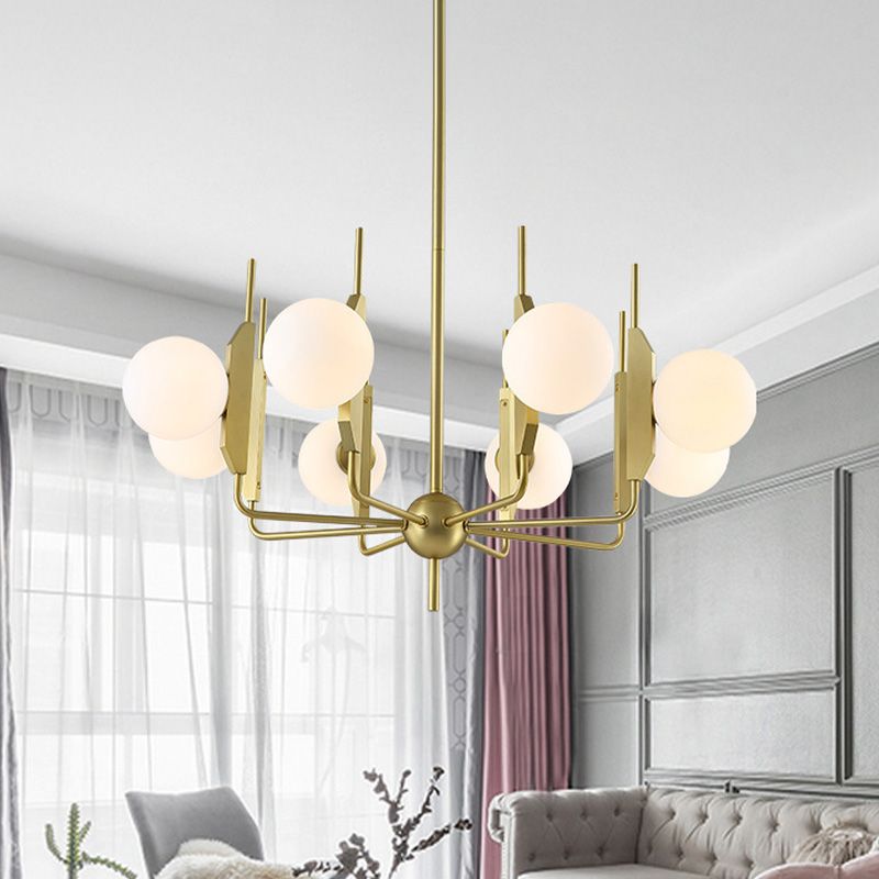 Lampada del lampadario a 8 luci del soggiorno Post Modern Gold Affermazione Gold con sfera di vetro bianco/fumo grigio.