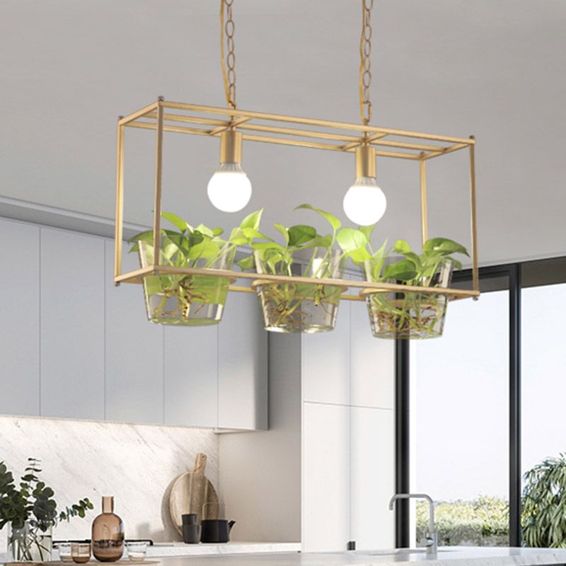 Metal Rectangle Island Ceiling Light Retro 2 Bulbs Dining Room LED Suspension Lamp in Black/Gold