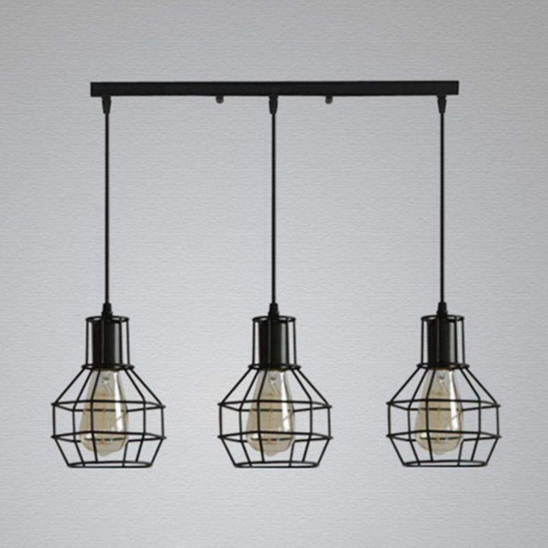 3-Lights Iron Cage Island Light 21.5 Inches Length Industrial Style Black Metal Hanging Light for Kitchen Bar