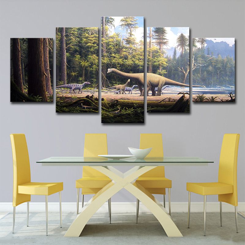 Dinosaur in Forest Canvas Art Fictional Realistic Fantasy Wall Decor in Brown-Green