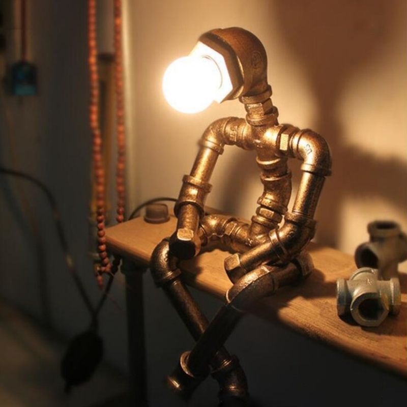 Retro Style Iron Tube Table Lamp Robot Shape 1 Light Table Lamp for Bedroom