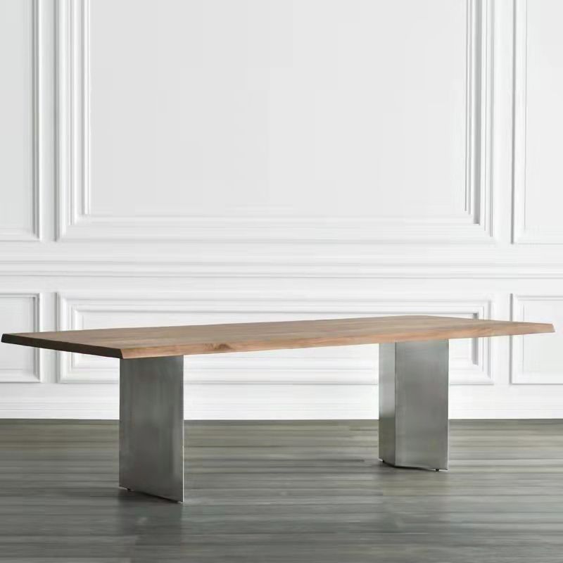 Mesa de comedor rectangular de color madera, mesa de madera maciza de pino, lujo con pedestal doble