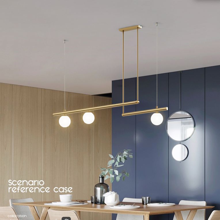 Gold Finish Linear Hanging Light Simplicity Metal Island Light with Ball White Glass Shade