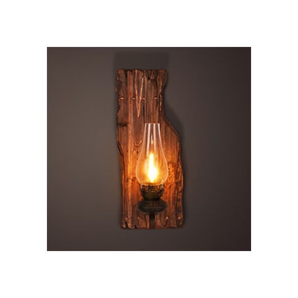 Teardrop Clear Glass Wall Mounted Lamp Industrial Single Bulb Bedroom Sconce Light with Wooden Backplate