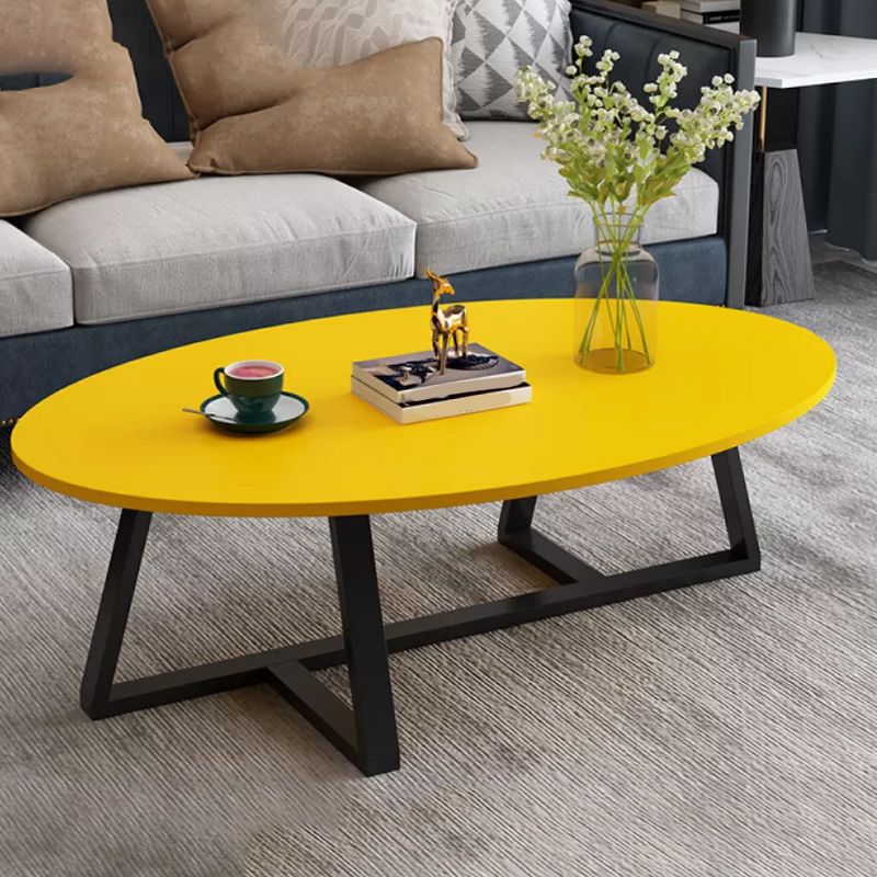 Modern Oval Coffee Table Wood and Steel Coffee Table Cross Legs
