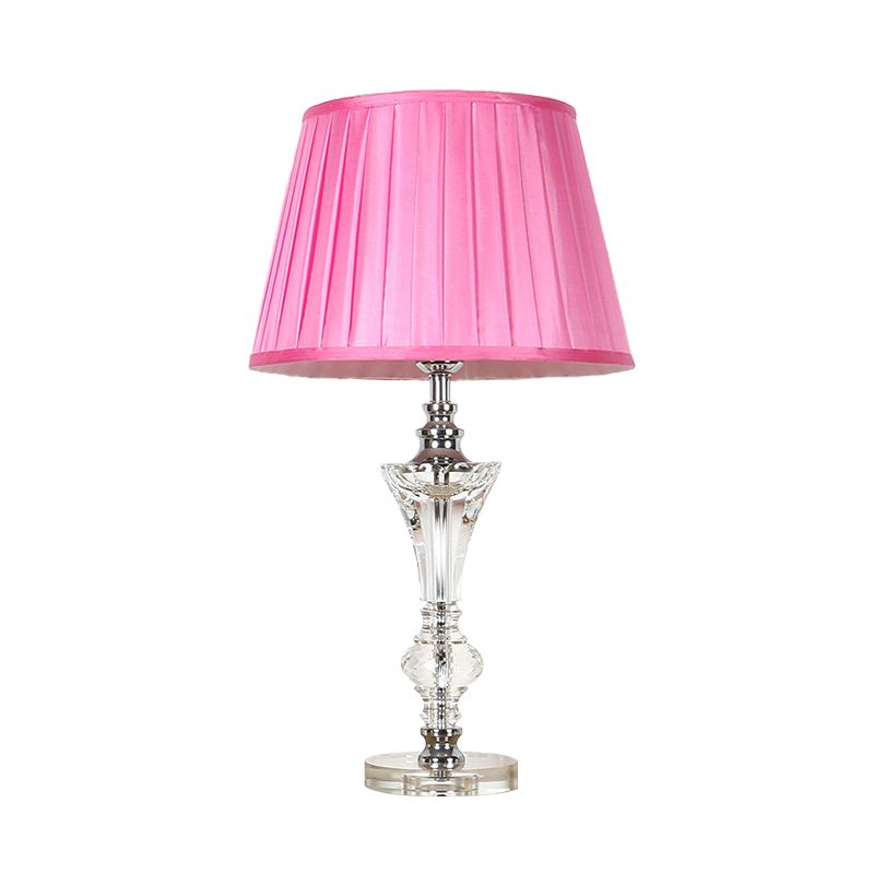 Single Head Table Light Countryside Conical Fabric Night Lamp in Pink/Blue/Beige with Clear Crystal Base