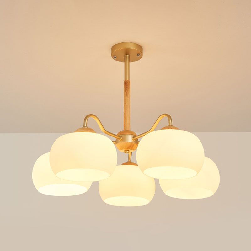 Solid Wood Domed Chandelier Lighting Nordic Hanging Light with White Glass Shade