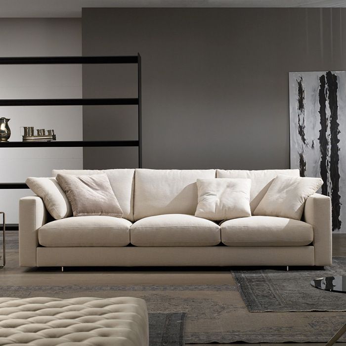 Contemporary Beige Sofa with Loose Back and Square Arms in Linen