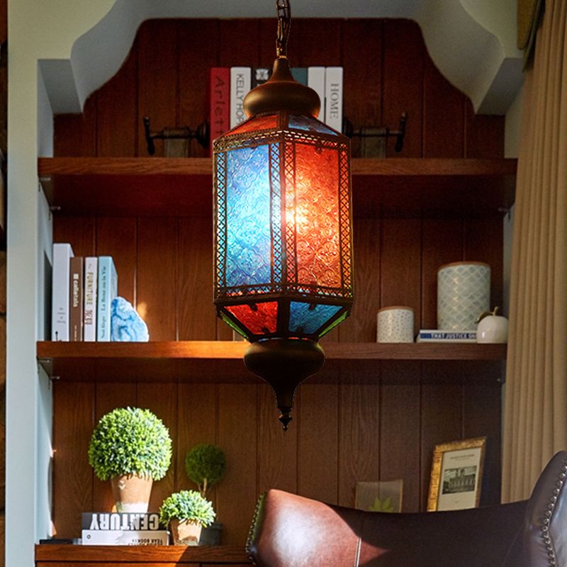 Art Deco Lantern Suspension Light 1 Bulb Metal Hanging Lamp in Copper for Restaurant