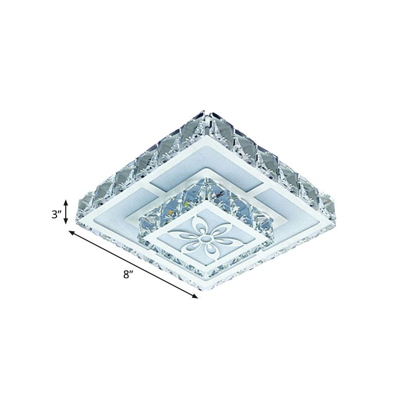 Faceted Crystal White Flush Mount Lamp 2-Layered Square LED Simple Close to Ceiling Light with Flower Pattern in Warm/White Light