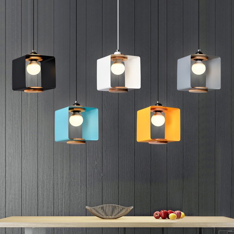 1-Light Bedroom Pendulum Light Macaron Yellow/Blue/White and Wood Hanging Pendant with Square Iron Frame