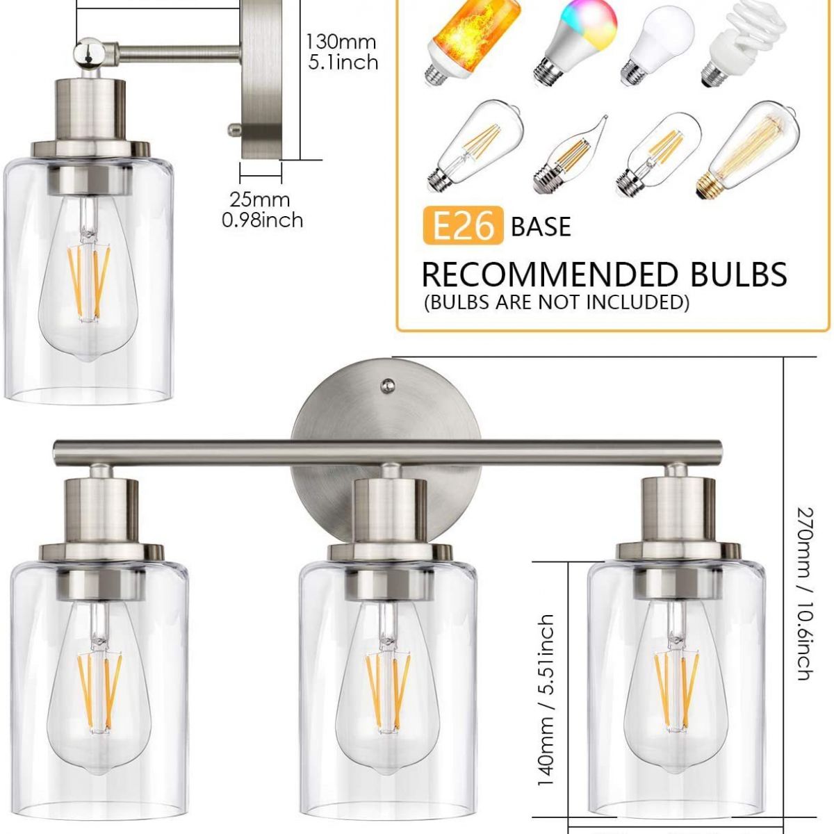 3 luci specchio di vanità industriale luci su e giù illuminazione da parete sconde per bagno