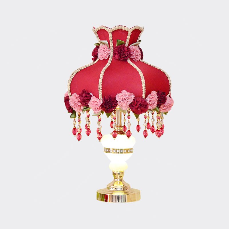 Lampe de table de nuit pastorale à 1 tête, lampe de chevet festonnée rouge avec abat-jour en tissu et décor floral