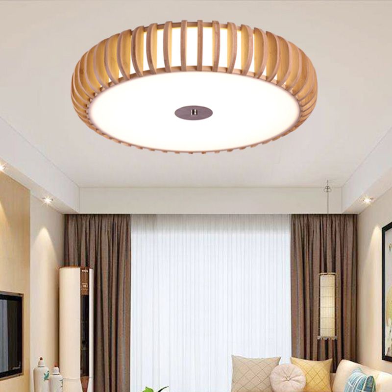 Round Flush Mount Japanese Wood 3 Heads Close to Massimale Lamp in Beige for Living Room