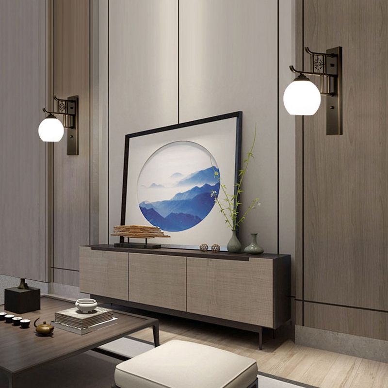 Spherical Bedside Sconce Light Fixture Classic Opal Glass 1 Light Black Wall Mounted Lamp