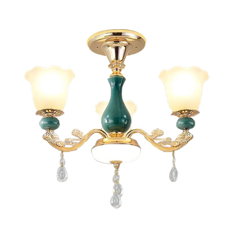 3/6 bulbes de suspension lampe à fleurs classiques en verre opal en verre pendant en verre avec un bras à baldarie en vert pour le salon